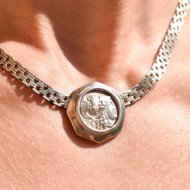 Sterling Silver Ancient Greek Alexander The Great Coin Pendant Bismark Chain Collar Necklace, 16