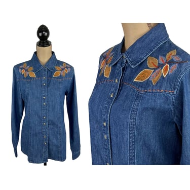 90s Autumn Leaf Applique Denim Jean Shirt Large XL, Fall Embroidered Blouse Long Sleeve Button Up Top Casual Clothes Women Vintage WESTBOUND 
