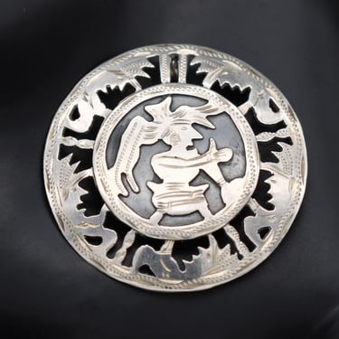 70's Guatemala 900 silver Quetzalcoatl pin pendant, cut out silver Aztec god of learning round brooch 