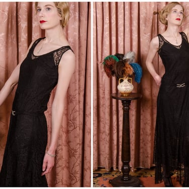 1930s Dress - Vampy Sheer Black Lace Evening Dress with Fluttering Spiral Car Wash Panels 