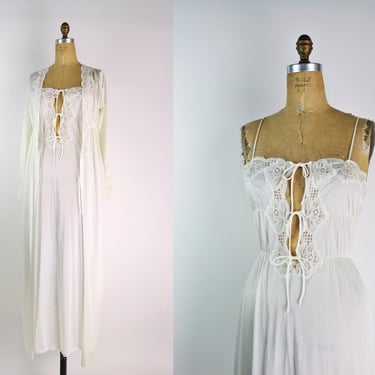 70s White Two Piece Slip Set /Lace Vintage Lingerie / 70s Peignoir / Vintage white Robe / Vintage Nightgown / Wedding Lingerie / Size S/M 