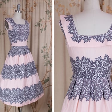 1950s Dress - The Chanue Dress - Fabulous 50s Trompe L'oeil Novelty Lace Print Summer Sun Dress in Pale Pink and Grey 