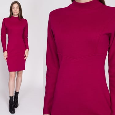 S| 80s Magenta Knit Mini Sweater Dress - Small | Vintage Dolman Sleeve Mockneck Wool Blend Dress 