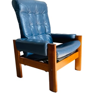 Vintage Teak Ekornes Blue Leather Lounge Chair 