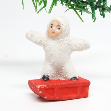 Vintage German Snow Baby on Sled, Antique Hand Painted for Christmas Nativity Creche Putz, GERMANY Tiny Snowbabies 