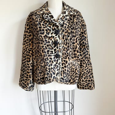 Vintage 1960s Leopard Print Faux Fur Coat / L 