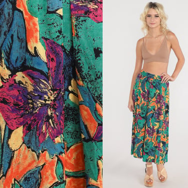 Tropical Floral Skirt 90s Summer Midi Skirt Bright Botanical Print High Elastic Waist Hippie Festival Summer Vintage 1990s Small Medium 