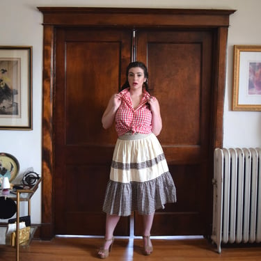 Checkered Skirt | 70s Skirt | Cotton Skirt | Tiered Skirt | Brown Skirt | Size XLarge Skirt XL | Size 16 Skirt 1X | Gingham Skirt Hippie 
