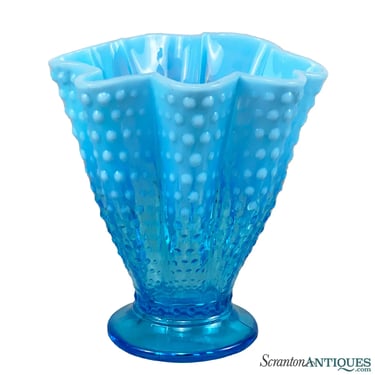 Vintage Blue Opalescent Art Glass Hobnail Ruffled Vase by Fenton