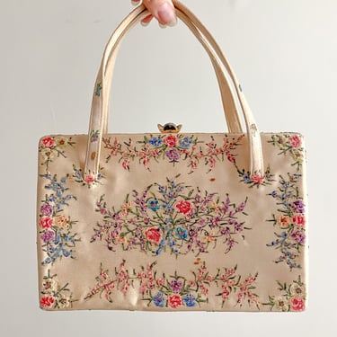 1950's Hand Painted Floral Toile Style Print Handbag