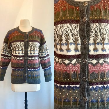 Cutest 80s Vintage 4 SEASON NOVELTY Cardigan Sweater / Trees in Fall + Winter + Spring + Summer 