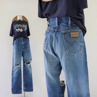 destroyed wrangler jeans - 32 - vintage 90s y2k blue jeans western unisex mens womens wranglers distressed rustic holes pants 