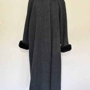 Penny Lane Coat, Vintage 1990s Albert Nipon Studio Maxi Coat, Size 20W Women, Gray Wool Winter Coat, Black Faux Fur Trim 