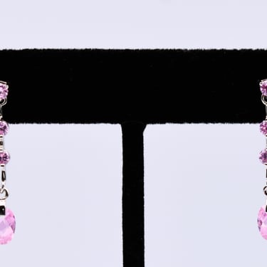 Dainty 90's pink tourmaline sterling post dangles, minimalist 925 silver round & teardrop gem earrings 