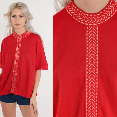 Red Knit Shirt 60s Mod Blouse Wool Blend Mock Neck Chevron Striped Trim Short Sleeve Top Sixties Bohemian Chic Mockneck Vintage 1960s XL 
