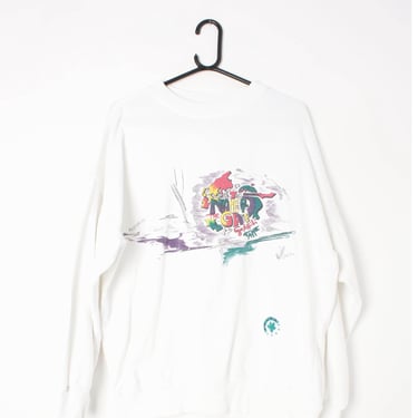 90s vintage white sweatshirt with graffiti motif mens crewneck - Large / Extra Large 