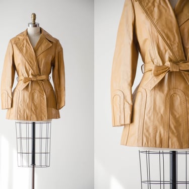 brown leather jacket | 70s vintage Montgomery Ward tan light brown dark academia belted boho hippie trench coat 