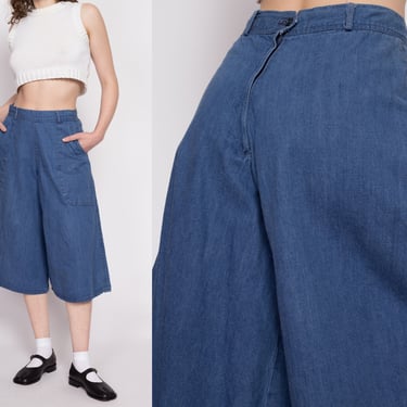 70s Denim Long Culotte Shorts - Medium, 28" | Vintage High Waisted Wide Leg Blue Jean Big Pocket Shorts 