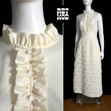 Super Cute Vintage 60s 70s Off-White Quilted Sleeveless Long Nightgown or Dress with Ruffles 