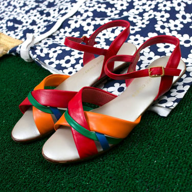 Fun Vintage 60s 70s Red Orange Green Blue Color Block Strappy Wedge Sandals 