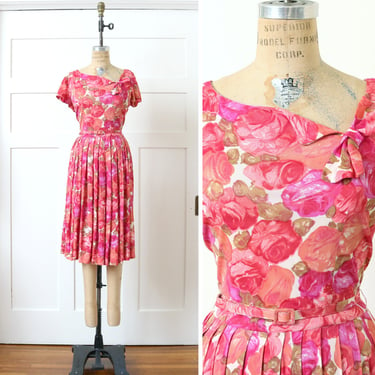 vintage early 1960s floral dress • pink & red rose print nylon jersey belted short sleeve dress 