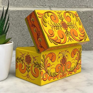 Vintage Recipe Box Retro 1960s Mid Century Modern + Avon + Metal + Yellow and Orange + Flower Print + Kitchen Storage and Organization 