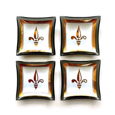 Vintage Fleur de Lis Trinket Dish Set of 4 Smoke Glass Butter Dish Square Smoke Glass Metallic Gold Tray 