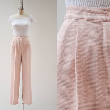 high waisted pants | 80s 90s vintage peach orange white plaid checkered pleated dark academia trousers 