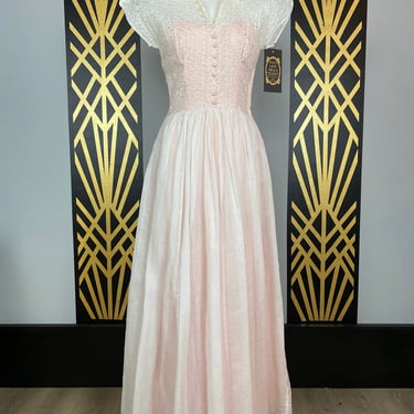 1940s party dress, white organza cotton, vintage wedding dress, sheer eyelet, cap sleeves, full skirt, x-small, 24 waist, summer bride 