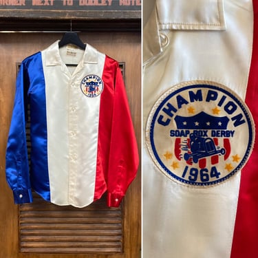 Vintage 1960’s Soap Box Derby Champion 1964 Mod Satin Color Block Shirt, 60’s Club Shirt, 60’s Loop Collar Shirt, Vintage Clothing 