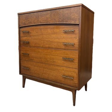 1970s Vintage Mid Century Modern Walnut Dresser 4 Drawers Dovetailed Drawers Burl Front Accent 