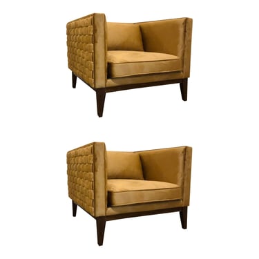 Modern Quilted Gold Velvet Club Chairs Pairs