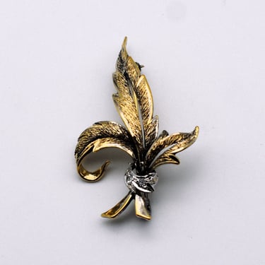40's gilded 925 silver rhinestone leaves pin, textured sterling vermeil feathery bouquet brooch 