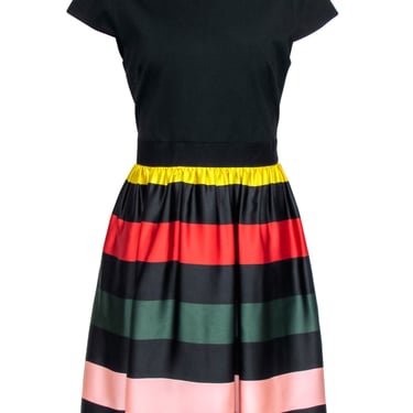 Ted Baker – Black Cap Sleeve Dress w/ Satin Striped Skirt Sz 10