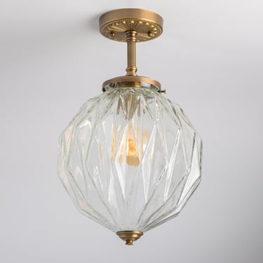 Decorative Glass - Semi Flush Lighting - Heavy Gauge Brass Ceiling Light Fixture - Geometric Glass Shade - Historic Design - Clear Glass 