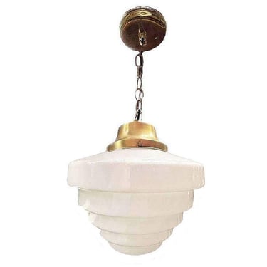 Art Deco Hanging Chain Brass Ceiling Pendant Light w/ Stepped Milk Glass Globe 