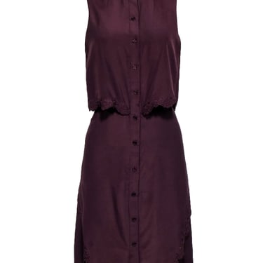 Parker - Purple Sleeveless Embroider Lace Trims Button Front Dress Sz L