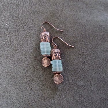 Buddha earrings, green frosted glass and copper earrings 