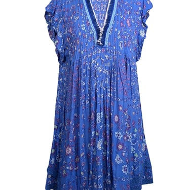 Poupette St. Barth - Blue w/ Multicolor Floral Print Flutter Sleeve Dress Sz L