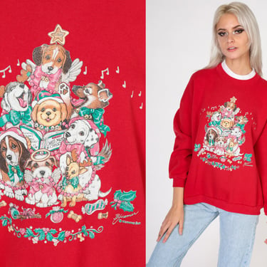 Christmas Dog Sweatshirt 90s Puppy Xmas Sweater Red Carols Tree Graphic Shirt Cute Winter Holiday Grandma Vintage 1990s Morning Sun Large L 