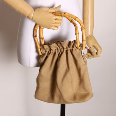 1970s Tan and Brown Bamboo Wooden Handle Fabric Handbag Top Handle Purse 