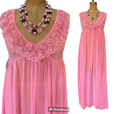 1960s sheer nightgown, bubble gum pink, 60s lingerie, barbiecore, small medium, mod style, empire waist, see though, sleeveless nightie, 34 