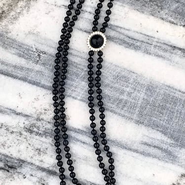 Vintage Glass Beaded Necklace Black Beads Double Strand Rhinestone Pendant Retro 1970s 1980s 