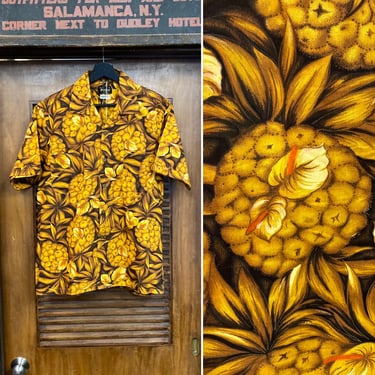 Vintage 1960’s Tiki Mod Cotton Floral Loop Collar Pop Art Hawaiian Shirt, Pineapple, 60’s Vintage Clothing 
