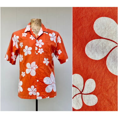 Vintage 1960s 1970s Hawaiian Shirt, Orange and White Cotton Floral Mauna Kea Beach Hotel Aloha Shirt Plumeria Flower, 42