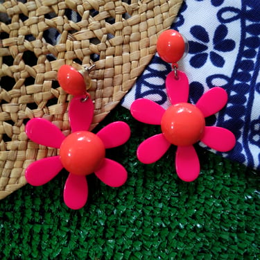 Groovy Vintage Bright Pink & Orange Flower Power Statement Earrings 