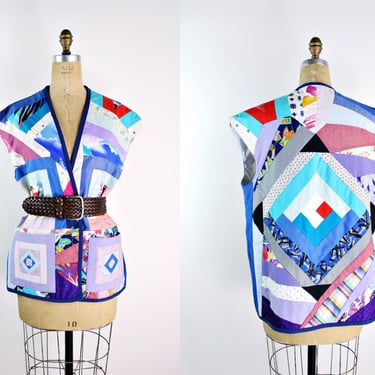 70s Handmade Patchwork Oversized Vest / Quilted Vest / Size M/L 