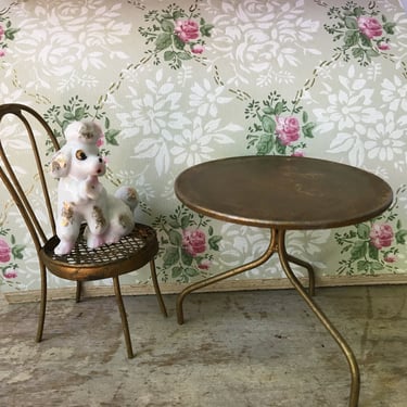 Vintage Doll Furniture With Poodle Figurine, Gold Tone Metal Porch Furniture, Summer Cafe Table Chair, Ceramic Poodle, Dollhouse Miniatures 
