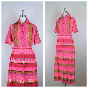 Vintage 1970s Hawaiian print maxi dress, Alex Coleman, neon, barbie pink, dagger collar 