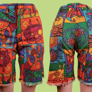 60s/70s zodiac surfer shorts. Unisex cut-offs, vibrant astrological print, psychedelic, bermuda, mod, hippie. (31 x 9.5) 